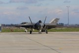 The first F-35C approaches the hanger at Wednesday's welcoming ceremony. 